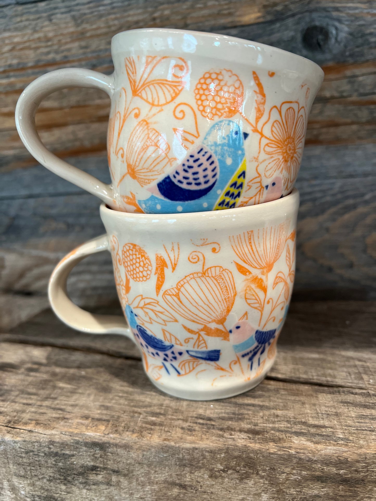 Glazed bird mugs