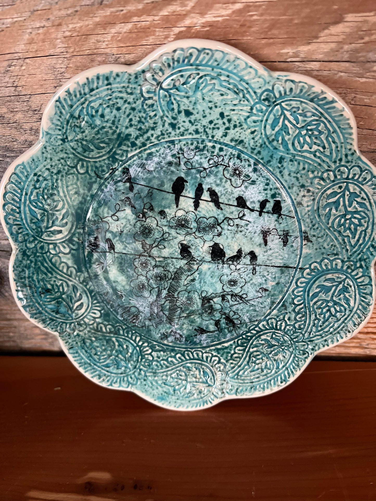 Glazed teal bird plate