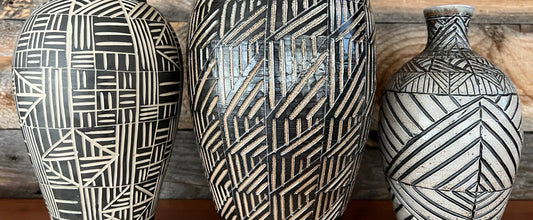 Black and White Sgraffito Soda Fired Vases